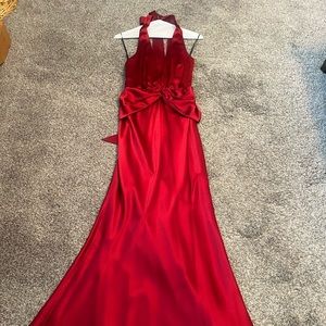 Red tie back halter formal dress